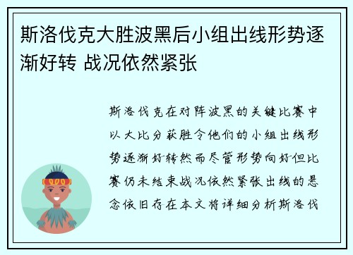 斯洛伐克大胜波黑后小组出线形势逐渐好转 战况依然紧张