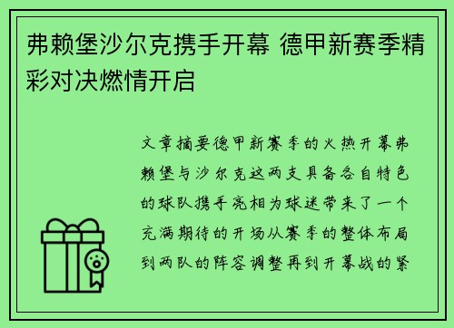 弗赖堡沙尔克携手开幕 德甲新赛季精彩对决燃情开启