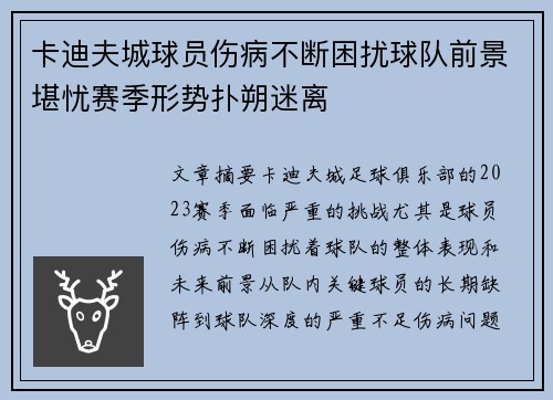卡迪夫城球员伤病不断困扰球队前景堪忧赛季形势扑朔迷离