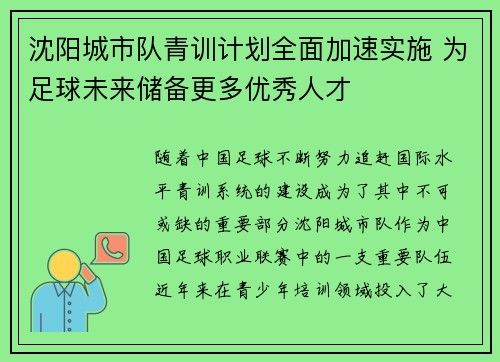 沈阳城市队青训计划全面加速实施 为足球未来储备更多优秀人才